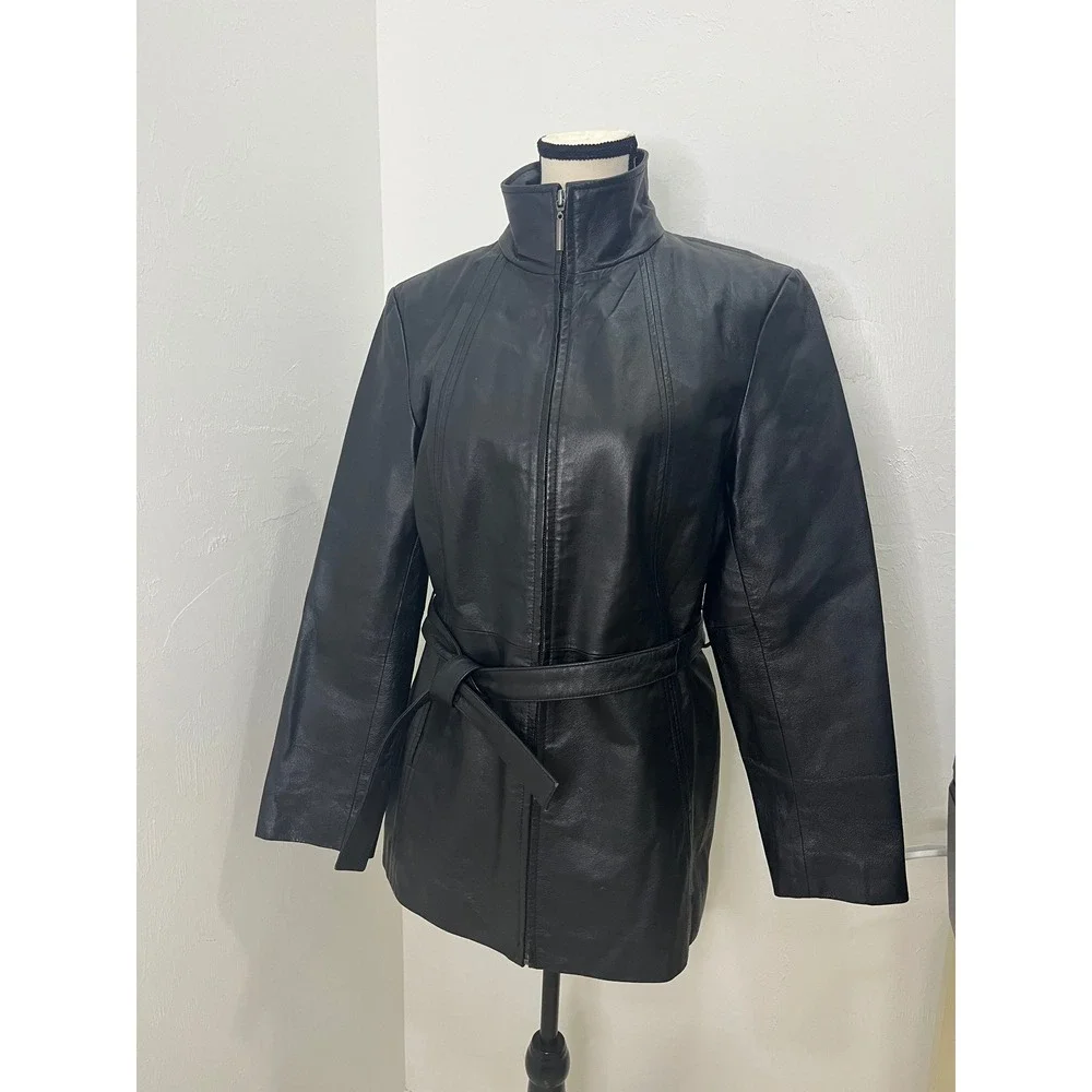 Worthington Leather Jacket Women Medium Black Good Belted Nappa Zip‎ Coat